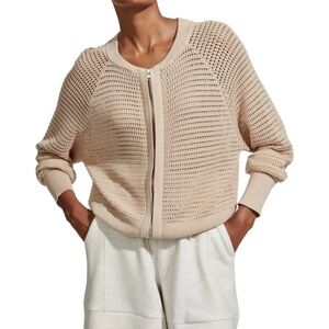 Varley Cameron Knit Zippered Cardigan Sweater Nude Taupe Open Knit Longsleeve